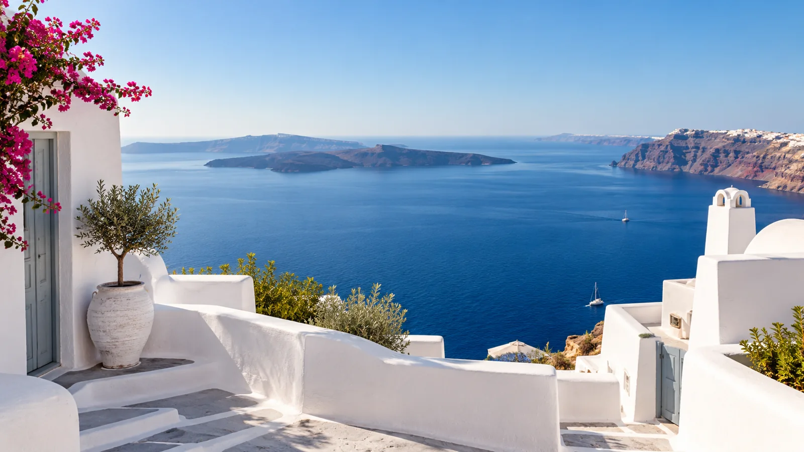 Santorini terrace overlooking the Aegean Sea — generated editorial illustration